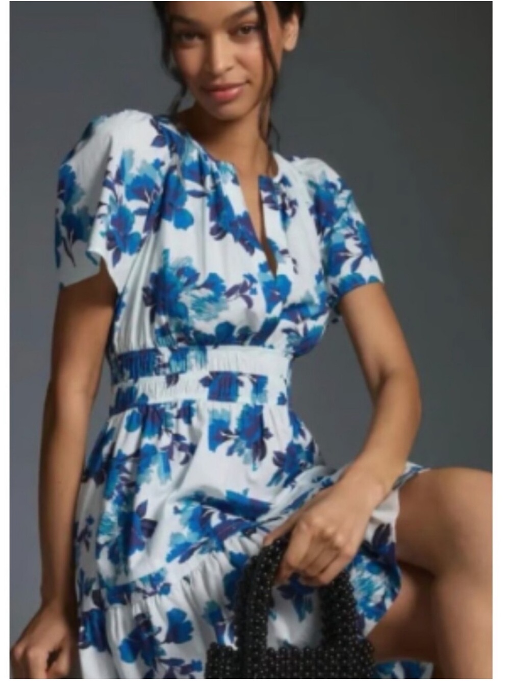 ANTHROPOLOGIE size L The Somerset Mini Dress Blue Floral Pockets - Picture 2 of 9
